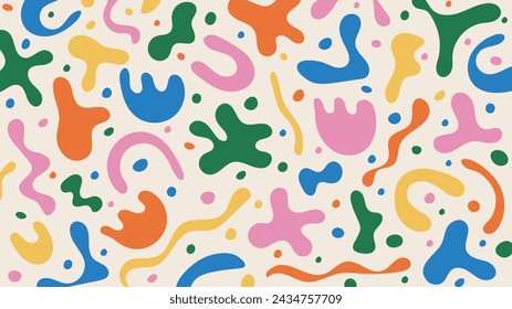 Divertido patrón colorido de formas líquidas abstractas y gotas en varios colores sobre fondo beige. Arte vectorial con figuras y líneas dibujadas a mano estilo matisse