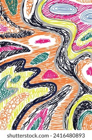 Fun colorful pattern. Creative abstract style art background for poster art. A dynamic organic drawing theme art. Trendy texture design with basic shapes. Simple childish doodle wallpaper print set.