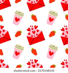 Fun and colorful pattern featuring hearts, strawberries, and love letters ideal for celebrations