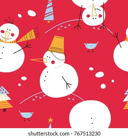 Fun colorful pattern with snowmen, birds and Christmas trees. Vector illustration.