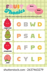 Fun and colorful phonics worksheet for kids featuring cute fruit illustrations perfect for printable learning activities at home or in the classroom.