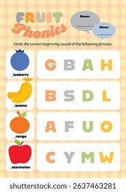 Fun and colorful phonics worksheet for kids featuring cute fruit illustrations perfect for printable learning activities at home or in the classroom.