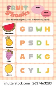 Fun and colorful phonics worksheet for kids featuring cute fruit illustrations perfect for printable learning activities at home or in the classroom.