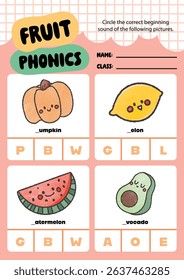 Fun and colorful phonics worksheet for kids featuring cute fruit illustrations perfect for printable learning activities at home or in the classroom.
