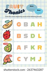 Fun and colorful phonics worksheet for kids featuring cute fruit illustrations perfect for printable learning activities at home or in the classroom.