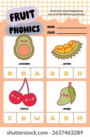 Fun and colorful phonics worksheet for kids featuring cute fruit illustrations perfect for printable learning activities at home or in the classroom.
