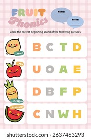 Fun and colorful phonics worksheet for kids featuring cute fruit illustrations perfect for printable learning activities at home or in the classroom.
