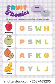 Fun and colorful phonics worksheet for kids featuring cute fruit illustrations perfect for printable learning activities at home or in the classroom.
