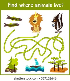 Fun and colorful puzzle game for children's development find where fish, skunk and the lion the king of beasts. Training mazes for preschool education. Vector illustration