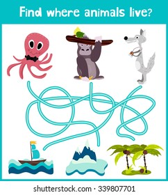 Fun and colorful puzzle game for children's development find where live octopus, gorilla and polar wolf. Training mazes for preschoolers. Vector illustration