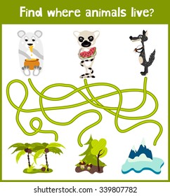 Fun and colorful puzzle game for children's development find where the sly lemur with watermelon, polar bear and gray wolf. Training mazes for preschoolers. Vector illustration