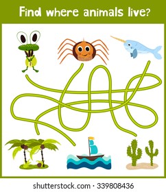 Fun and colorful puzzle game for children's development find where a spider, the narwhal and the frog. Training mazes for preschoolers. Vector illustration