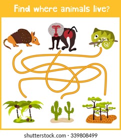 Fun and colorful puzzle game for children's development find where the Armadillo, the baboon and the lizard is a chameleon. Training mazes for preschoolers. Vector illustration