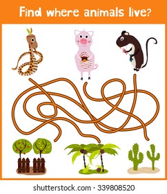 Fun and colorful puzzle game for children's development find where a farm pig, snake, and nutria. Training mazes for preschoolers. Vector illustration