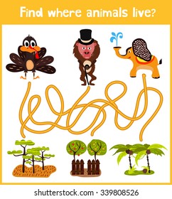 Fun and colorful puzzle game for children's development find where a monkey, an elephant and a Turkey. Training mazes for preschoolers. Vector illustration