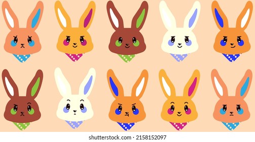 Fun and colorful rabbit bunny facial expressions they are very moody and cute like an emoji