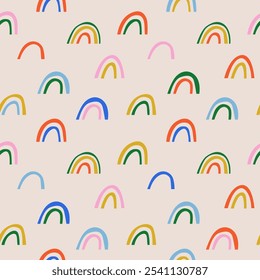 Fun colorful rainbow shape seamless pattern. Abstract hand drawn children style art background for kids, trendy design with doodle shapes. Simple childish wallpaper texture.