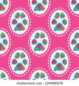 Fun and colorful, real dog paw print seamless pattern. Multicolor polka dots and dashed lines give a great look for dog parties and pet businesses. For paper items, gift bags, textiles, decor. Vector.