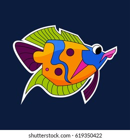 Fun colorful sea-fish - sticker, isolated on a blue background. Vector illustration.
