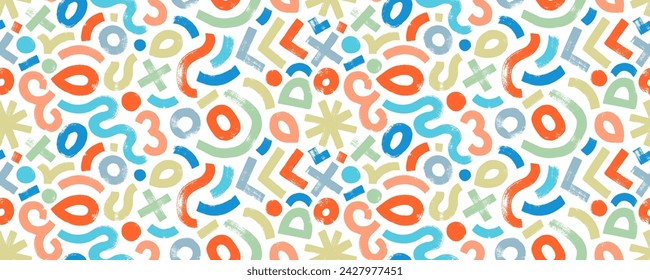 Fun colorful seamless banner design with various basic geometric shapes and bold lines. Hand drawn Memphis childish geometric shapes with dry brush texture. Creative abstract seamless pattern.