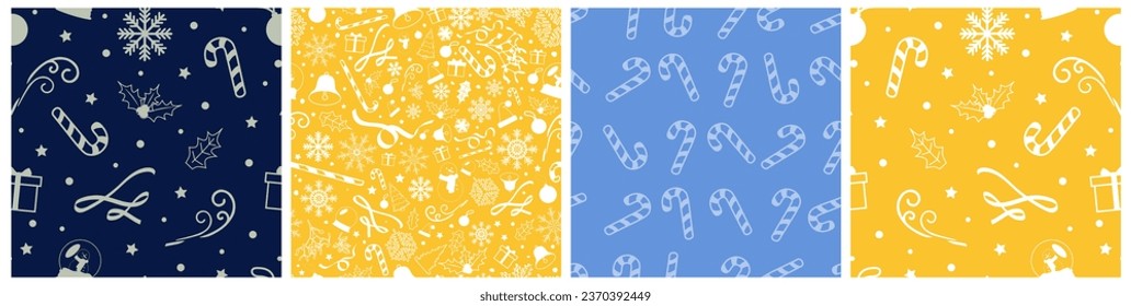 Fun and Colorful Seamless Christmas Patterns. Snowflakes, wrapped gifts, snowman, snow globes, ribbons, candy cane, wreath, mistletoe. Perfect for wrapping papers, backgrounds, templates, prints.