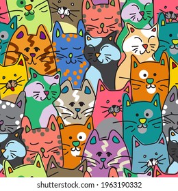 Fun Colorful Seamless Hand Drawn Cat Pattern