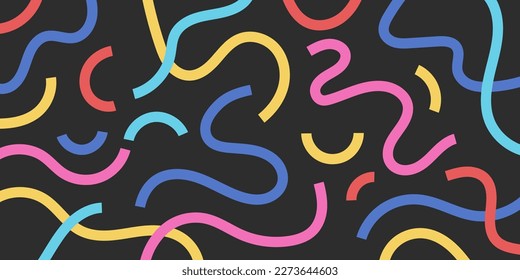 Fun colorful seamless line pattern. Creative doodle abstract style art background for kids. Trendy texture design with contemporary basic shapes on black background. Vector illustration