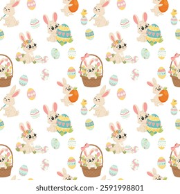 : A fun and colorful seamless pattern with bunnies, chicks, and decorative eggs. Ideal for holiday packaging, fabrics, and card designs.