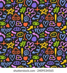 Fun colorful seamless pattern with childish brush line doodles. Hand drawn trendy wallpaper with playful squiggles and doodle shapes. Vector cute happy kid drawing symbol wallpaper print.