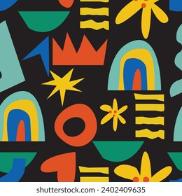 Fun colorful seamless pattern .  For children or trendy design with abstract collage shapes. Simple and playful doodle wallpaper print set.