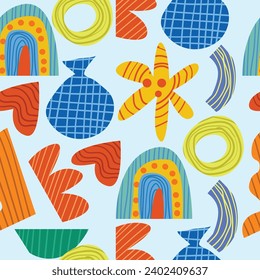 Fun colorful seamless pattern .  For children or trendy design with abstract collage shapes. Simple and playful doodle wallpaper print set.