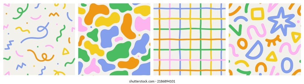 Fun colorful seamless pattern collection  Creative abstract style art background for children  Trendy texture design and basic shapes  Simple childish doodle wallpaper print set 