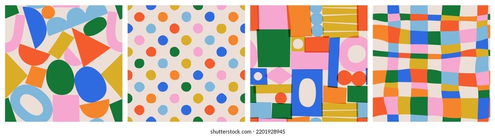 Fun colorful seamless pattern collection. Creative 90s style geometric shape background for children or trendy design with abstract collage shapes. Simple and playful doodle wallpaper print set. - Shutterstock ID 2201928945