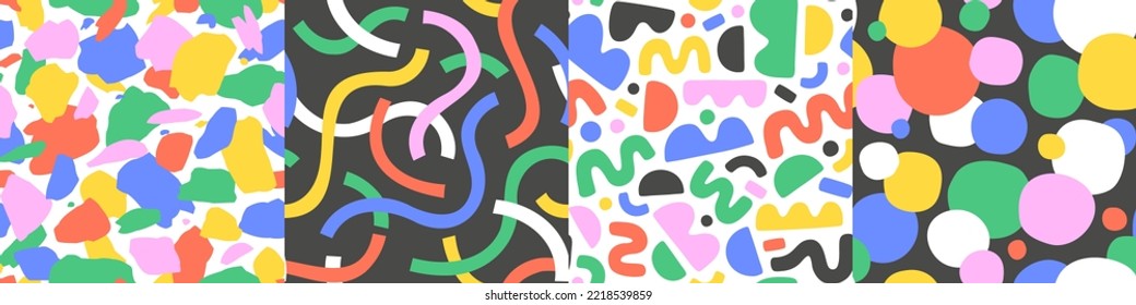 Fun colorful seamless pattern collection. Creative abstract style art background for children. Trendy texture design with basic shapes. Simple childish doodle wallpaper print set.