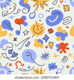 Fun colorful seamless pattern collection. Creative abstract style art background for children. Trendy texture design with basic shapes. Simple childish doodle wallpaper print set