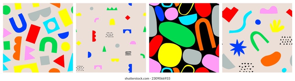 Fun colorful seamless pattern collection. Creative abstract style art background for children. Trendy texture design with basic shapes. Simple childish doodle wallpaper print set.