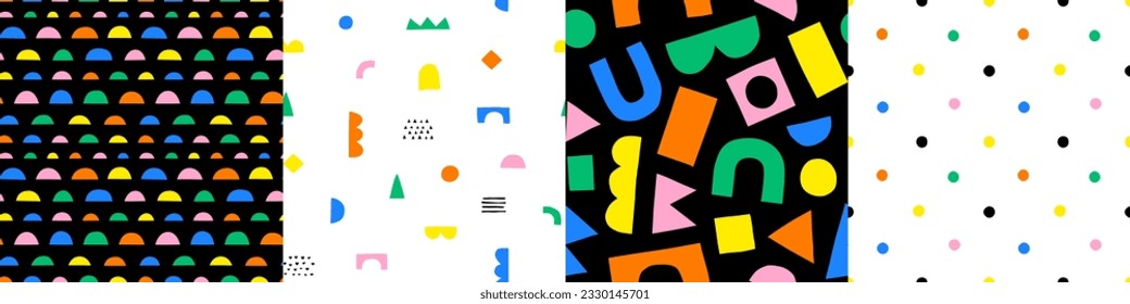 Fun colorful seamless pattern collection. Creative 90s style geometric shape background for children or trendy design with abstract collage shapes. Simple and playful doodle wallpaper print set.