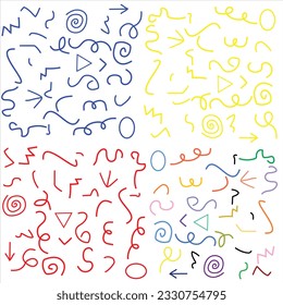 Fun colorful seamless pattern collection. Creative abstract style art background for children. Trendy texture design with basic shapes. Simple childish doodle wallpaper print set.