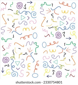 Fun colorful seamless pattern collection. Creative abstract style art background for children. Trendy texture design with basic shapes. Simple childish doodle wallpaper print set.