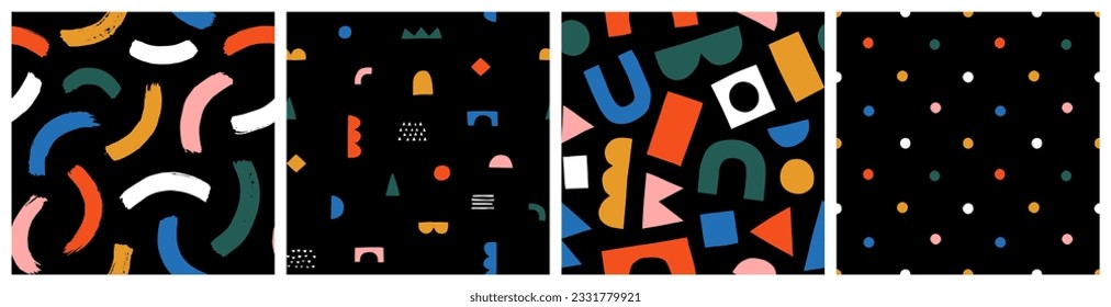 Fun colorful seamless pattern collection. Creative style geometric shape background for children or trendy design with abstract collage shapes. Simple and playful doodle wallpaper print set.