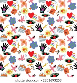 Fun colorful seamless pattern collection. Creative style art background for children.