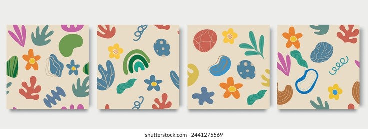 Fun colorful seamless pattern collection. Creative 70s style geometric shape background for children or trendy design with bright collage shapes. Simple and playful childish doodle backdrop set