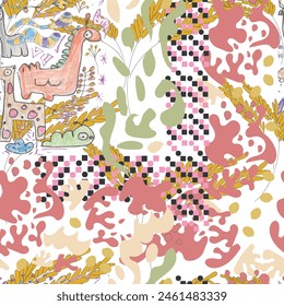 Lustige bunte nahtlose Muster-Kollektion. Kreativer 90er Jahre Stil geometrische Form Hintergrund für Kinder oder trendige Design mit abstrakten Collage Formen. Einfaches und verspieltes Doodle-Bildschirmhintergrund-Druckset.
