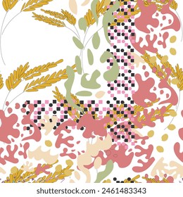 Fun colorful seamless pattern collection. Creative 90s style geometric shape background for children or trendy design with abstract collage shapes. Simple and playful doodle wallpaper print set.