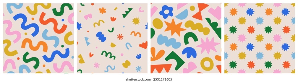 Fun colorful seamless pattern collection. Creative abstract geometric shape background for children or trendy design with collage shapes. Simple and playful doodle wallpaper print set.