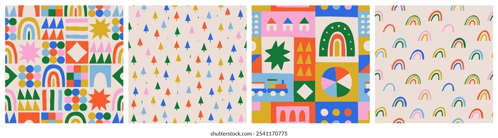 Fun colorful seamless pattern collection. Creative abstract geometric shape background for children or trendy design with collage shapes. Simple and playful doodle wallpaper print set.