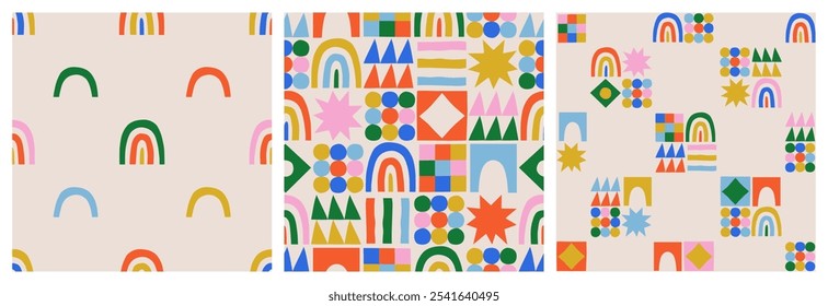 Fun colorful seamless pattern collection. Creative abstract geometric shape background for children or trendy design with collage shapes. Simple and playful doodle wallpaper print set.
