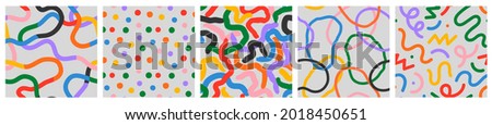 Fun colorful seamless pattern collection. Creative abstract style art background for children. Trendy texture design with basic shapes. Simple childish doodle wallpaper print set.
