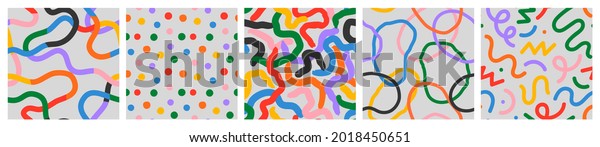 Fun colorful seamless\
pattern collection. Creative minimalist style art background for\
children or trendy design with basic shapes. Simple childish doodle\
backdrop set.