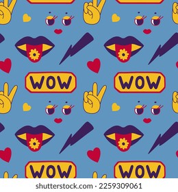 Fun colorful seamless pattern. Creative 90s style background or trendy design with different elements. Playful doodle wallpaper print set.